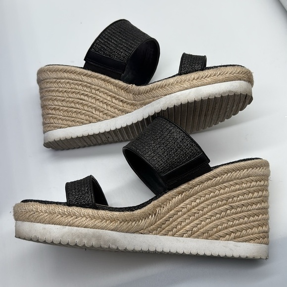 Stuart Weitzman Mykonos Two-Strap Wedge Sandals Herringbone Raffia & Black 38.5 - Picture 7 of 12